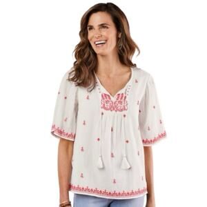Soft Surroundings Oliana Top White Red Embroidered Boho Peasant Blouse XL